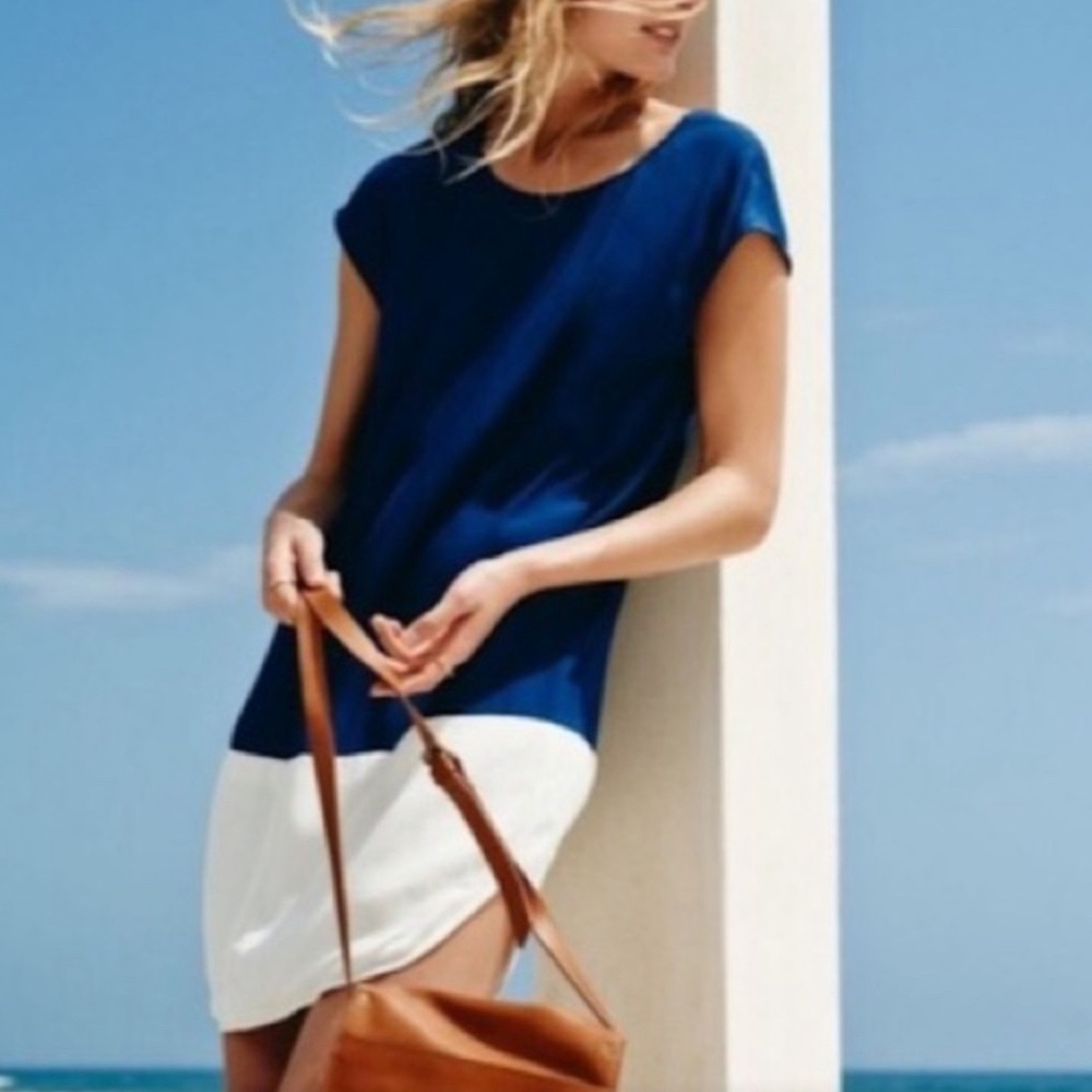 Madewell Dress Women's Large Blue White Colorblock V Back Round Hem Cap Sleeve‎